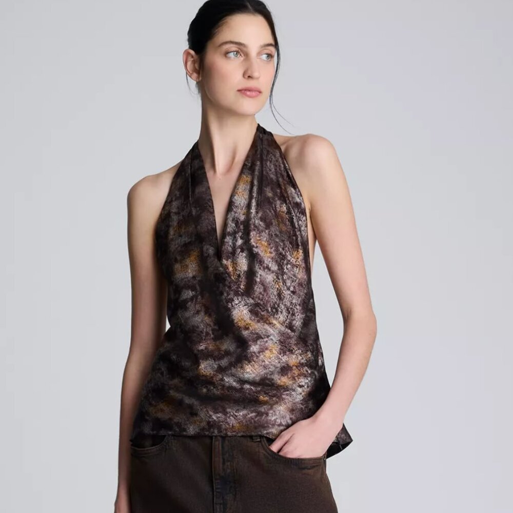 Kenneth Cole Women's Crossover Printed Metallic Foil Halter Top Size M